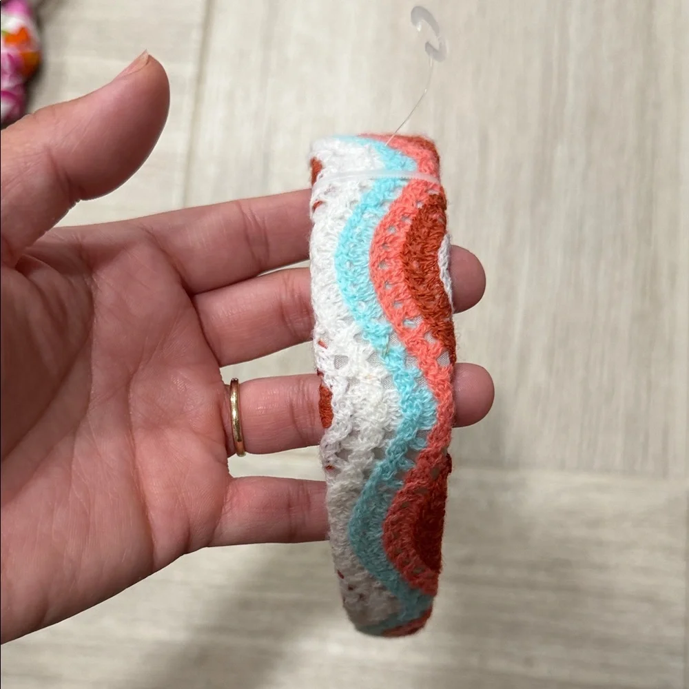 Coral and White NEW Woven Headband with Aqua Accents